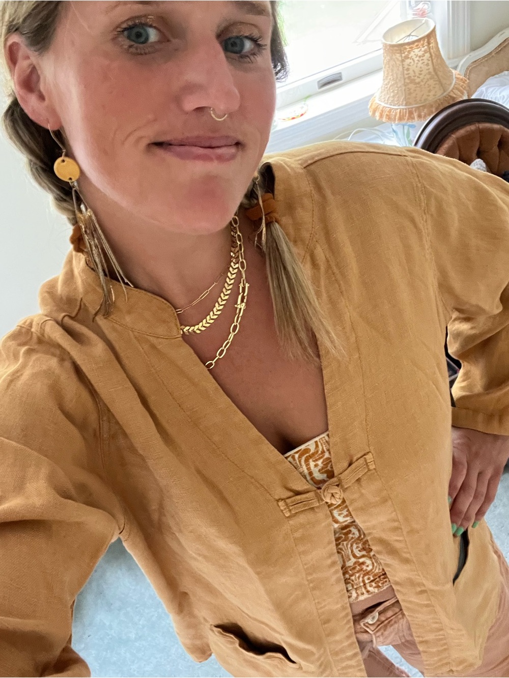 Mustard Linen Button-Front Women's Top - Picture 3 of 10
